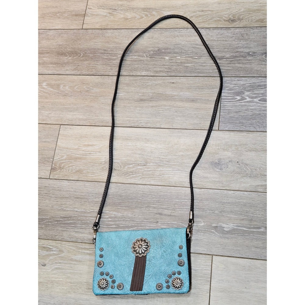 American Bling Turquoise Tooled Crossbody Wallet Bag Western Concho Studded